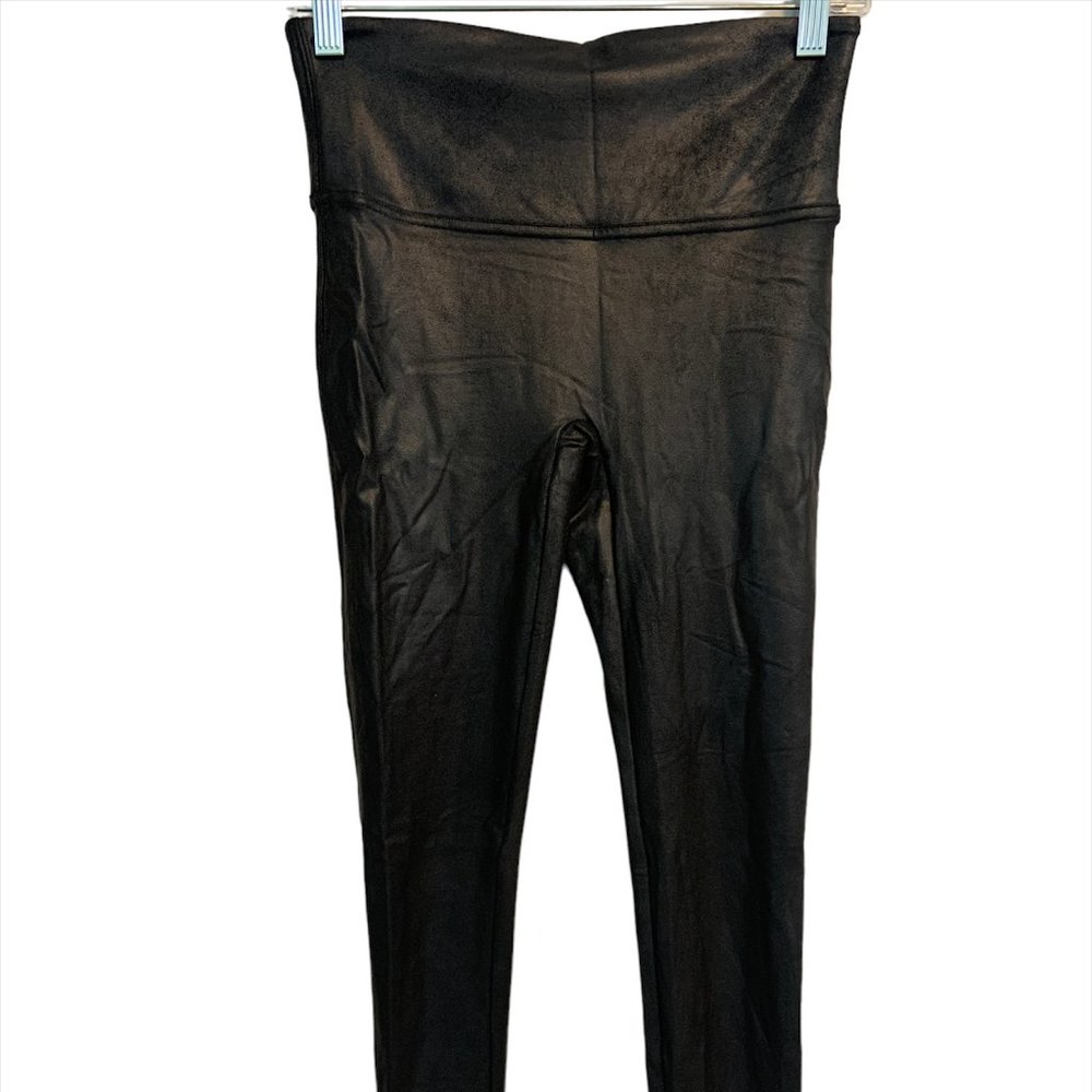 SPANX Leggings Sz Medium Black Faux Leather Shiny Shaping Slimming High Rise
